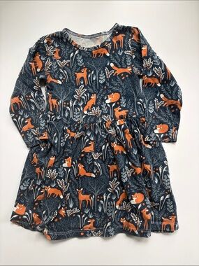 Winter Water Factory 
 Navy Forest Fox Print Long Sleeve Casual Dress